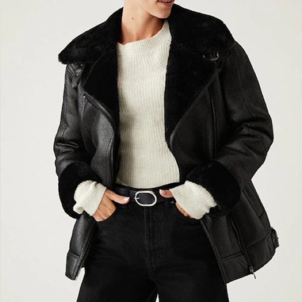NWOT MARKS & SPENCER BLACK HEAVYWEIGHT WARM FAUX FUR LINED AVIATOR COAT SIZE 12